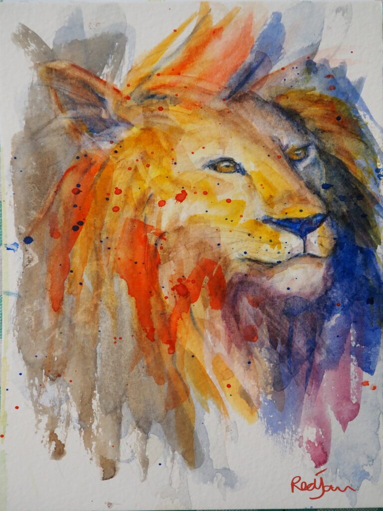 Colourful, vibrant watercolour painting of a Lion